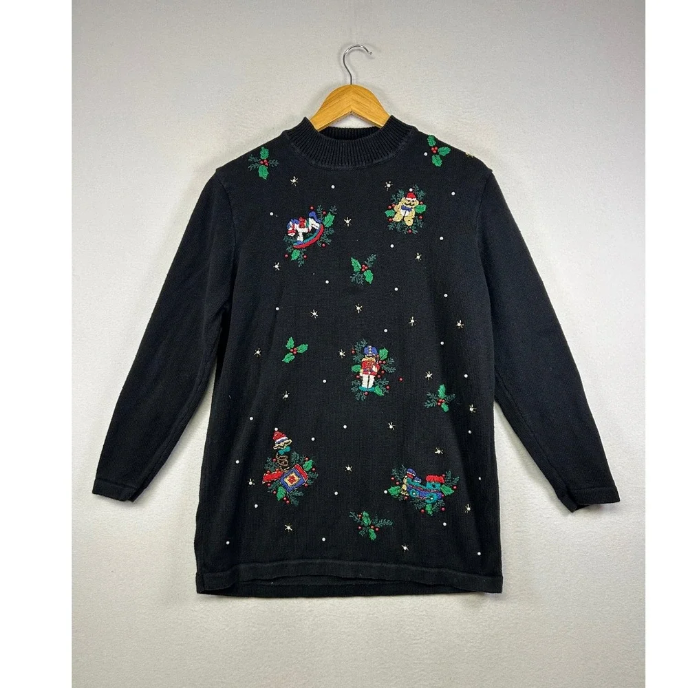 Grandma Core NutCracker Women Large Black Christmas Nutcracker Beaded Sweater‎